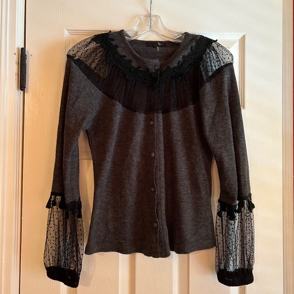 Ryu grey dressy sweater with black lace & tassels - Picture 1 of 3